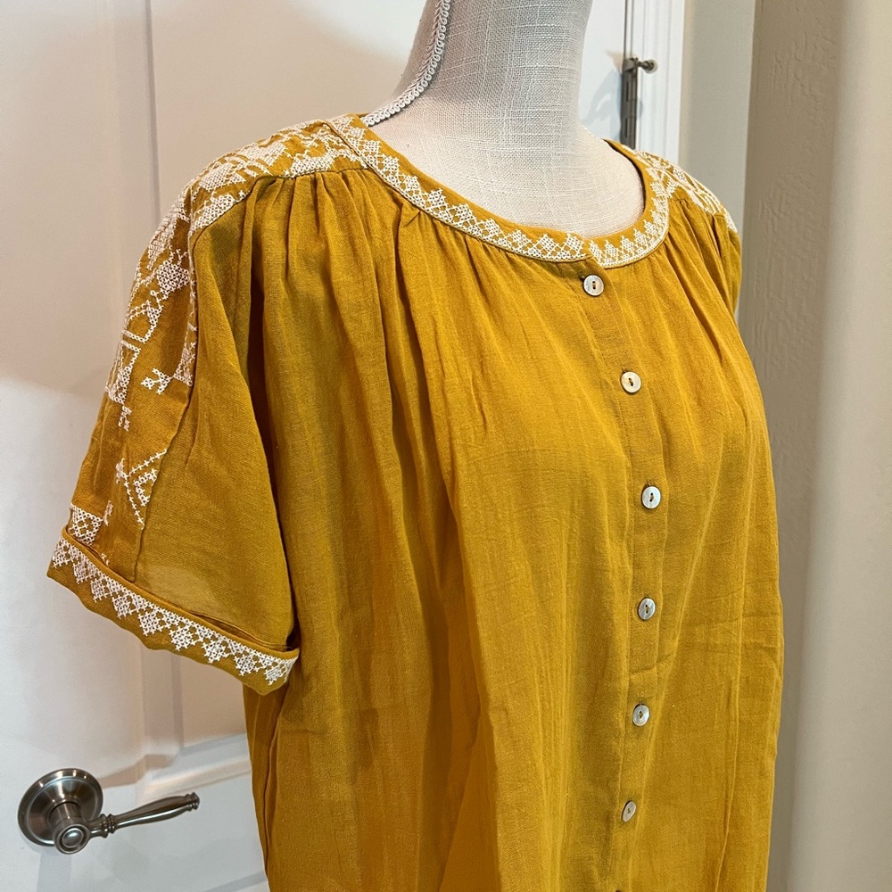 Mustard Button-Up Top with Embroidery Detail